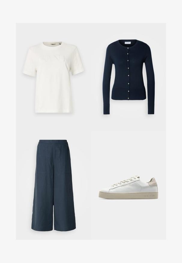 Cardigan lavorato a maglia blu navy con maniche lunghe, polsini a coste e chiusura con bottoni sul davanti, dotato di piccoli bottoni in tonalità oro.; T-shirt bianco a maniche corte in cotone, caratterizzato da un logo "GANT" testurizzato di un bianco leggermente più scuro, con un design a collo rotondo.; Pantaloni a gamba larga di colore blu navy, realizzati in tessuto leggero. Presentano una superficie leggermente texture, una vita elastica e cuciture frontali.; Sneaker bianca in pelle con finitura liscia, dettagli in suede beige, punta rotonda, design con stringhe piatte e suola in gomma testurizzata.