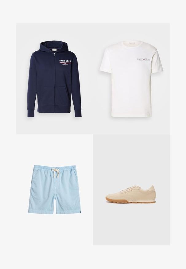 Tamsiai mėlyna zip-up gobtuvė, pagaminta iš minkštos medžiagos, su logotipu "GANT 1949" baltos ir raudonos spalvų. Įeina priekiniai kišeniai ir šnervinės gobtuvo virvutė.; Balta medvilninė marškinėlių su apvalia apykakle, trumpomis rankovėmis ir spaudiniu. Pasižymi minimalistiniu dizainu ir laisvu kirpimu.; Šviesiai mėlynos maudymosi šortai, pagaminti iš minkštos medžiagos, su elastingu juosmeniu, priekinių kišenių ir reguliuojamu raišteliu.; Bežiniai zomšiniai sportbačiai su išskirtiniu dizainu, turintys tekstūruotą viršų, apvalią nosį ir guminį pado su zigzagų raštu.