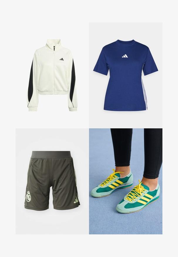 Bijela jakna na zip s crnim akcentnim panelima, rebrastim rukavima i visokim ovratnikom. Sadrži Adidas logo na lijevoj strani prsnog područja.; Tamno plava majica s kratkim rukavima od pamuka, visokog ovratnika, s bijelim logotipom i kontrastnim bijelim trakama sa strane.; Tamnozelene atletske kratke hlače s elastičnim pojasom, sa bočnim džepovima i svijetlozelenim logotipom na donjoj lijevoj nozi.; Zelene i tirkizne sportske tenisice s žutim vezicama i tri žute pruge. Izrađene od suede i mrežastih materijala, s gumenim potplatima i dizajnom niskog profila.