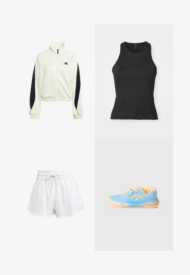 Veste blanche zippée avec des panneaux d'accent noir, des ourlets côtelés et un col montant. Présente le logo Adidas sur la partie gauche de la poitrine.; Débardeur de sport noir avec un col rond et sans manches. Fabriqué dans un tissu lisse et extensible. Présente un logo subtil.; Shorts de sport blancs avec une taille élastique et un cordon de serrage réglable. Fabriqués en matériau léger, ils sont dotés de poches latérales et d'une coupe ample.; Baskets de sport bleu clair avec des accents orange ; tige en maille, bout rond et semelle texturée pour l'adhérence. Présente des détails de marque et des lacets.