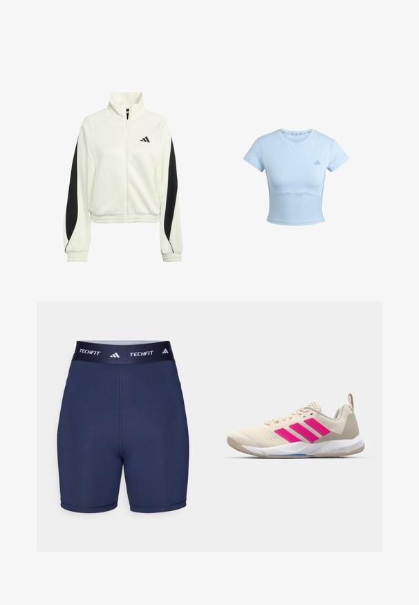Valkoinen vetskarihousu takki mustilla korostepaneeleilla, ribattuilla hihansuilla ja korkealla kauluksella. Vasemmassa rinnassa Adidas-logo.; Vaaleansininen lyhythihainen urheilupaita, jossa on lyhyet hihat, uurresreuna alaosassa ja huomaamaton logo rinnassa. Sileä pinta, istuva malli.; Navy blue urheilushortsit, joissa on sileä pinta, elastinen vyötärö, jossa on "TECHFIT" ja kolmonen raitalogo, tiukka malli, minimaalinen sauma.; Beige urheilujalkine, jossa on vaaleanpunainen kolmonen-striippi-logo, teksturoitu verkko-yläosa, pehmustettu kaulus ja valkoinen kumipohja, jossa on "LIGHTSTRIKE" -brändäys.