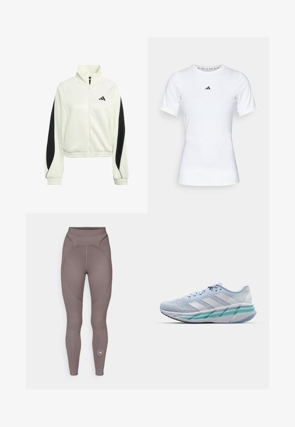 Witte zip-up jas met zwarte accentpanelen, geribde manchetten en een hoge kraag. Kenmerkt zich door het Adidas-logo op de linkerborst.; Witte sportshirt met korte mouwen, gemaakt van zachte, rekbare stof. Voorzien van een klein zwart Adidas-logo op de borst.; adidas by Stella McCartney Tights - charcoal; Lichtblauwe sportschoenen met een gestructureerde breitbovenkant, witte accenten en een doorzichtige groene tussenzool. Ronde neus en gevoerde kraag.