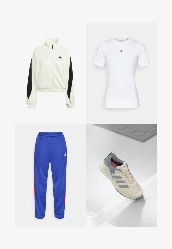 White zip-up jacket with black accent panels, ribbed cuffs, and a high neckline. Features the Adidas logo on the left chest area.; White athletic shirt with short sleeves, made of smooth, stretch fabric. Features a small black Adidas logo on the chest.; Blue athletic pants with red side stripes, elastic waistband, and a small white logo on the upper left leg. Smooth, lightweight fabric.; Beige athletic shoe with gray accents, mesh upper, and a textured sole. Features three gray stripes and pink interior details.