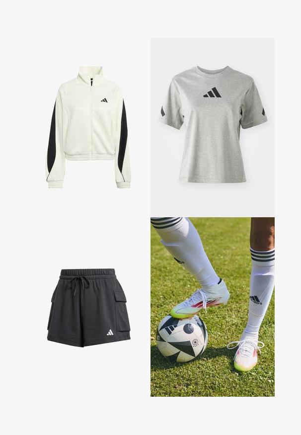 Biała kurtka zapinana na zamek z czarnymi akcentami, ściągaczami na mankietach i wysokim kołnierzem. Posiada logo Adidas po lewej stronie klatki piersiowej.; Szara koszulka typu crew-neck wykonana z miękkiego materiału, z czarnym logo Adidas na piersi i czarnymi akcentami na rękawach.; Czarne spodenki sportowe uszyte z miękkiego materiału. Posiadają elastyczny pas ze sznurkiem, boczne kieszenie oraz białe logo na dolnej lewej stronie.; Białe korki piłkarskie z czerwonymi akcentami, leżące na czarno-białej piłce nożnej, na trawiastej murawie, z widocznymi białymi skarpetkami w paski.