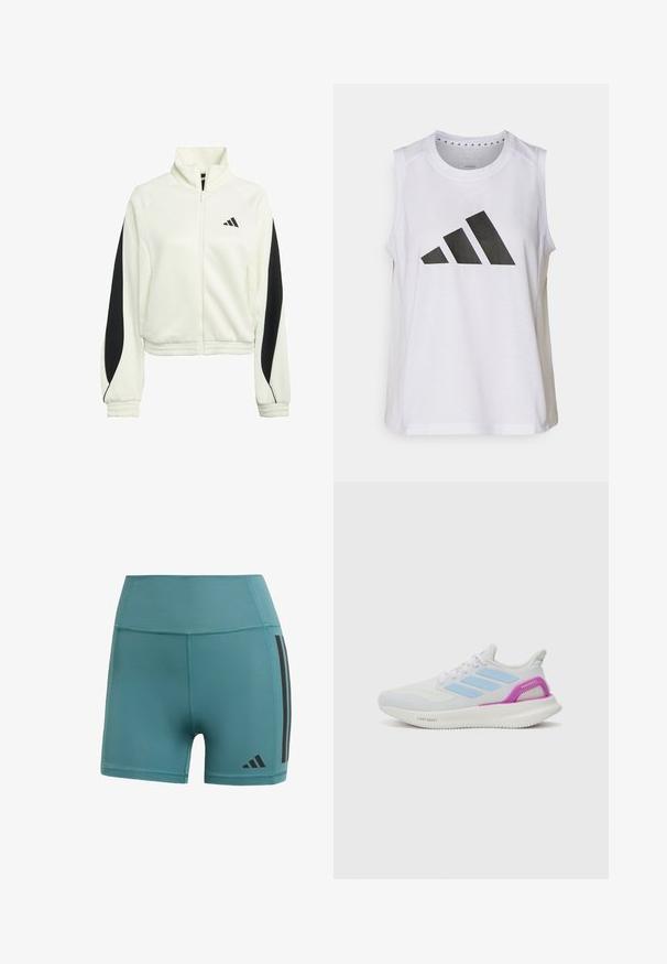 Hvid lynlåsjakke med sorte accentpaneler, ribbede manchetter og høj halsudskæring. Har Adidas-logoet på venstre brystområde.; Hvid ærmeløs træningstop med rund halsudskæring, der har et stort svart Adidas-logo bestående af tre striber på fronten.; Teal atletik shorts lavet af strækbart stof, med en høj talje, sorte sidelister og logo nær kanten.; adidas Performance PUREBOOST 5 - Løbesko til landevejen - white/glow blue/purple burst