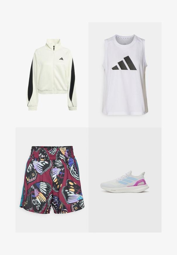 White zip-up jacket with black accent panels, ribbed cuffs, and a high neckline. Features the Adidas logo on the left chest area.; White sleeveless athletic top with round neckline, featuring a large black Adidas logo composed of three stripes on the front.; Shorts featuring a vibrant butterfly print in shades of purple, black, and orange. Elastic waistband with subtle side accents in turquoise.; adidas Performance PUREBOOST 5 - Road running shoes - white/glow blue/purple burst