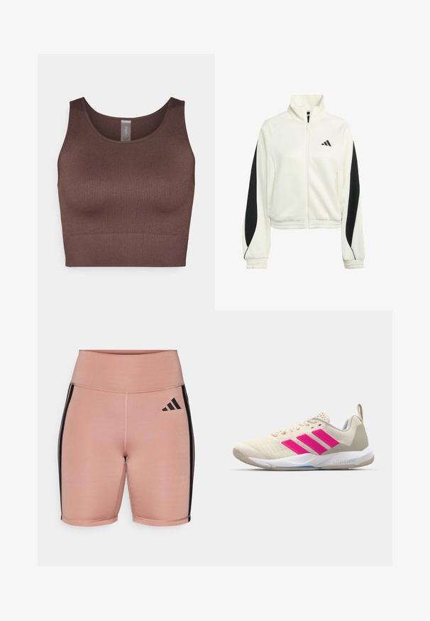 White zip-up jacket with black accent panels, ribbed cuffs, and a high neckline. Features the Adidas logo on the left chest area.; Brown ribbed crop top with a round neckline and wide straps. Made of stretchy fabric, featuring a seamless design and a smooth texture.; Pink athletic shorts with a high waist, made from stretchy material. Features black side stripes and the Adidas logo on the left side.; Beige athletic shoe with pink three-stripe logo, textured mesh upper, padded collar, and white rubber sole, featuring "LIGHTSTRIKE" branding.