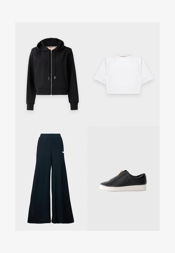 Crni skraćeni dukserica izrađena od mekog materijala, s prednjim zipom, kapuljačom na vezanje i rebrastim manžetama. Glatka tekstura s minimalnim detaljima.; Skraćena bijela majica od mekog materijala, s kratkim rukavima, okruglim izrezom i rebrastim detaljima na rubu. Jednostavan i neukrašen dizajn.; Hlače širokih nogavica od tamnoplave rebraste tkanine, s visokim strukom i suptilnim bočnim oznakama. Glatka tekstura i puna dužina.; Crne kožne tenisice niskog potkoljenka s bijelim potplatom i zlatnim zatvaračem, bočni prikaz, minimalistički stil na jednostavnom pozadini.