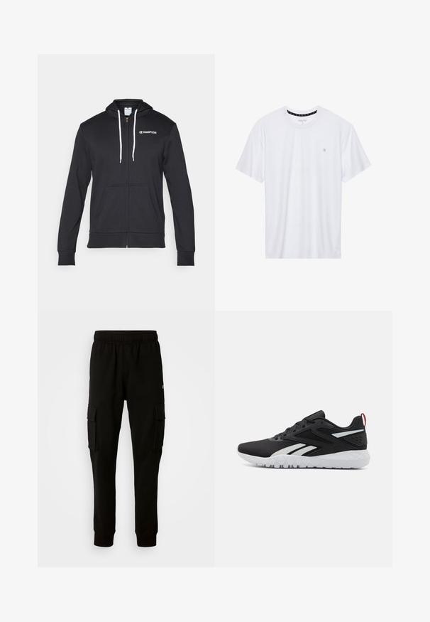 Champion GRAPHIC FULL ZIP HOODIE - Športna jopa s kapuco na zadrgo - black; Belo majica s kratkimi rokavi iz bombaža, z okroglim izrezom, ki na levem delu prsnega koša nosi majhen izvezen logotip. Mehka tekstura.; Črne cargo hlače iz bombažne mešanice, ki imajo elastičen pas, dva stranska žepa in manšete na koncih za prilegajoč fit.; Črne atletske čevlje z mrežastim zgornjim delom, belimi poudarki, strukturirano podplatom in rdečo zanko na peti za dodaten detajl.
