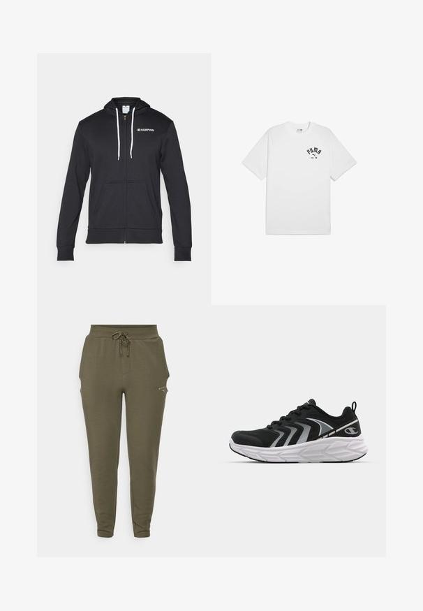 Champion GRAPHIC FULL ZIP HOODIE - Zip-up sweatshirt - black; White cotton t-shirt with short sleeves and a round neckline, featuring a black printed logo on the chest. Simple, classic design.; Olive green sweatpants with elastic waistband and adjustable drawstring, featuring a slim fit and subtle logo near the pocket.; Black athletic shoes with a textured mesh upper, white accents, and a cushioned sole. Features a lace-up design and logo on the heel.