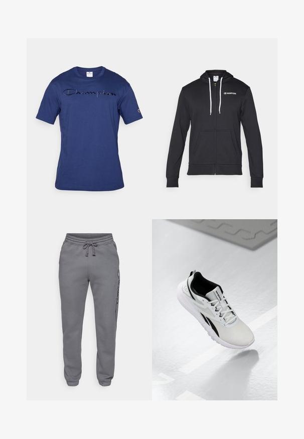 Champion GRAPHIC FULL ZIP HOODIE - Camisola com fecho - black; T-shirt de algodão azul-marinho com um logo "Champion" texturizado na parte da frente e um logo bordado na manga esquerda. Mangas curtas e decote redondo.; Champion ICONS TONAL CUFF LARGE LOGO - Calças de fato de treino - foggy; Sapatilha atlética cinza-claro com detalhes pretos, parte superior em malha texturizada, sola acolchoada e fecho com atacadores. Possui uma aba de puxar no calcanhar.