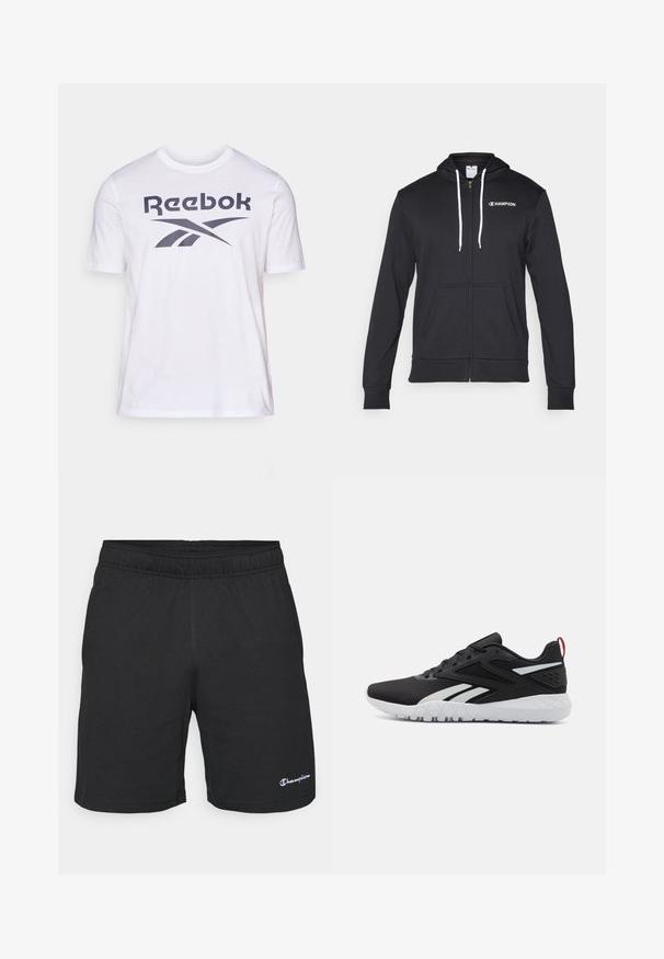 Champion GRAPHIC FULL ZIP HOODIE - Sudadera con cremallera - black; Camiseta blanca de Reebok con un gran logo y diseño gráfico en gris oscuro en el pecho. Fabricada en suave material de algodón, con mangas cortas.; Pantalones cortos deportivos negros con una cinturilla elástica, hechos de una tela suave, que presentan un pequeño logotipo blanco en la parte inferior izquierda.; Zapatillas deportivas negras con parte superior de malla, acentos blancos, suela texturizada y una pestaña en el talón roja para un detalle adicional.