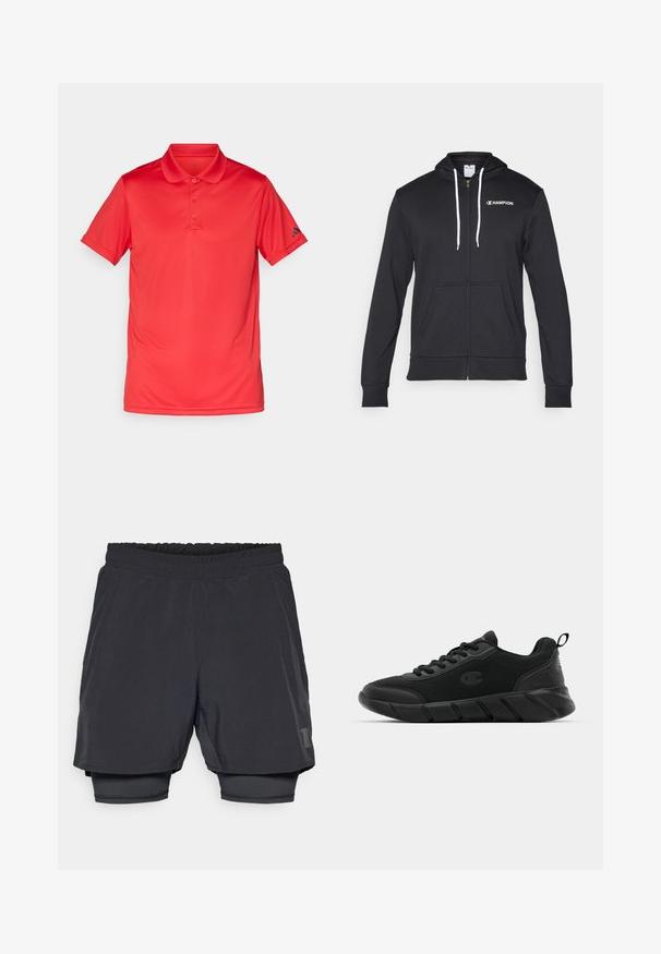 Champion GRAPHIC FULL ZIP HOODIE - Jaka ar rāvējslēdzēju - black; Sarkans īsajām piedurknēm polo krekls ar trim pogām un apkakli, ar mazu melnu logo kreisajā piedurknē, redzams uz baltā fona.; Melnas sporta šortus ar elastīgu jostasvietu, slāņotu dizainu un pieguļošu iekšējo oderi. Ar vieglu logotipu apakšējā pusē.; Melnas sporta kedas ar acs materiālu augšdaļā, pastiprinātu purngali, teksturētu vidusdaļu un aizmugurē nesamajamenu cilpu ērtai uzvilkšanai. Logo attēlots uz sānu.
