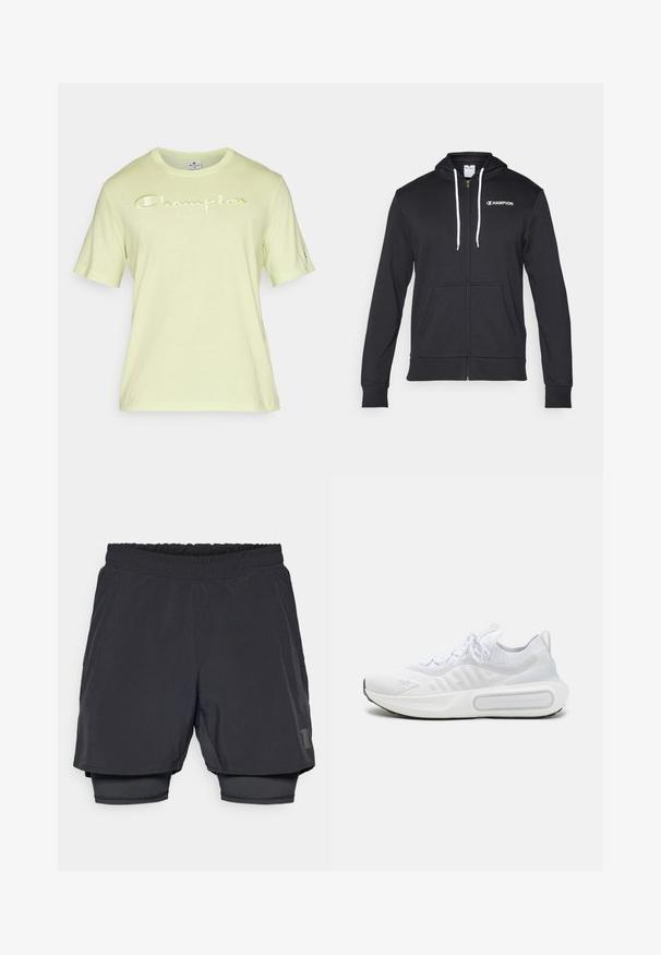Champion GRAPHIC FULL ZIP HOODIE - Tröja med dragkedja - black; Limegrön t-shirt med kort ärm och "Champion"-logotyp i reflekterande vitt över bröstet. Tillverkad av mjuk tyg, med rund halsdesign.; Svarta sportshorts med elastiskt midjeband, lagerdesign och en åtsittande innerfoder. Har en diskret logotyp på den nedre sidan.; Vit sportskor med en texturerad stickad ovandel, snörning, vadderad sula och en distinkt varumärkesdetalj på sidan.
