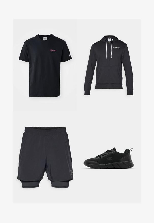 Champion GRAPHIC FULL ZIP HOODIE - Sweatjakke - black; Svart bomull T-skjorte med korte ermer, rund hals og en rosa "Champion" logo brodert på brystet og ermet.; Svartidrettsshorts med elastisk midje, lagdelt design og tettsittende indre fôr. Har en subtil logo på den nedre siden.; Sorte svarte treningssko med mesh-overdel, forsterket tå, teksturert mellomsåle og bakre stroppe for enkel påkledning. Logo vist på siden.