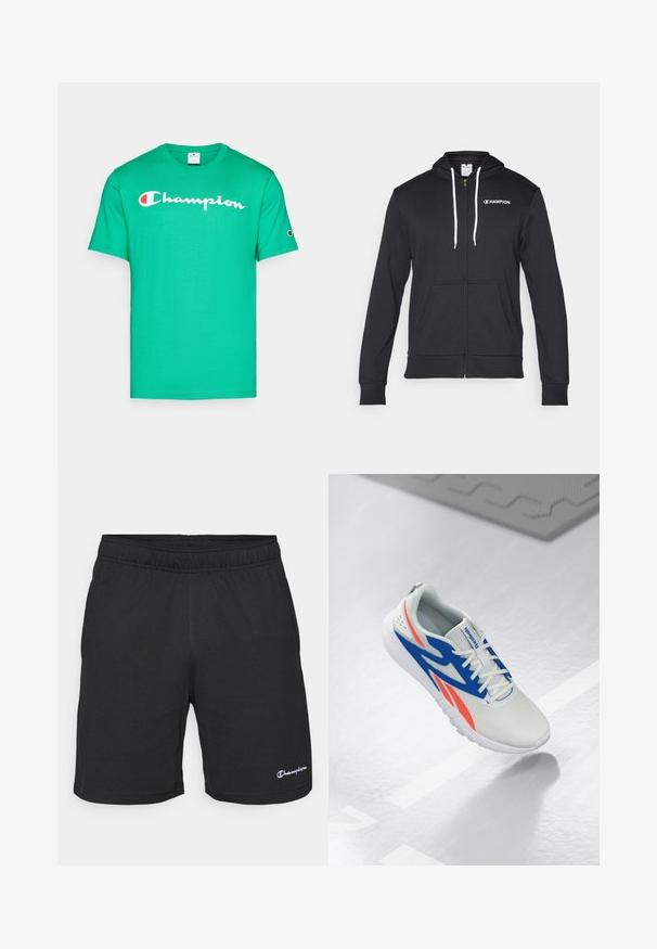 Champion GRAPHIC FULL ZIP HOODIE - Užtrauktuku užsegamas treningas - black; Žalias medvilnės marškinėliai trumpomis rankovėmis, su balta „Champion“ logotipu ant krūtinės ir mažu logotipu ant kairės rankovės.; Juodi sportiniai šortai su elastingu juosmeniu, pagaminti iš minkštos medžiagos, su mažuoju baltu logotipu kairėje apatinėje pusėje.; Balti sportiniai batai su mėlynomis ir raudonomis detalėmis, su raišteliais, plūduriuoja virš šviesiai pilko grindų, o fone matosi linija ir kilimėlis.