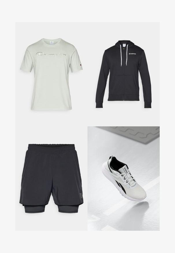 Champion GRAPHIC FULL ZIP HOODIE - Mikina so zipsom - black; Tyrkysová tričko z mäkkého bavlneného materiálu, s vyšitým logom "Champion" v mierne tmavšej farbe, krátke rukávy a okrúhly výstrih.; Čierne športové šortky s elastickým pásom, vrstveným dizajnom a priliehavou podšívkou. Obsahujú jemné logo na spodnej strane.; Svetlošedá športová topánka s čiernymi akcentmi, textúrovaný vrch z textilu, polstrovaná podrážka a šnurovací systém. Obsahuje pútko na päte.