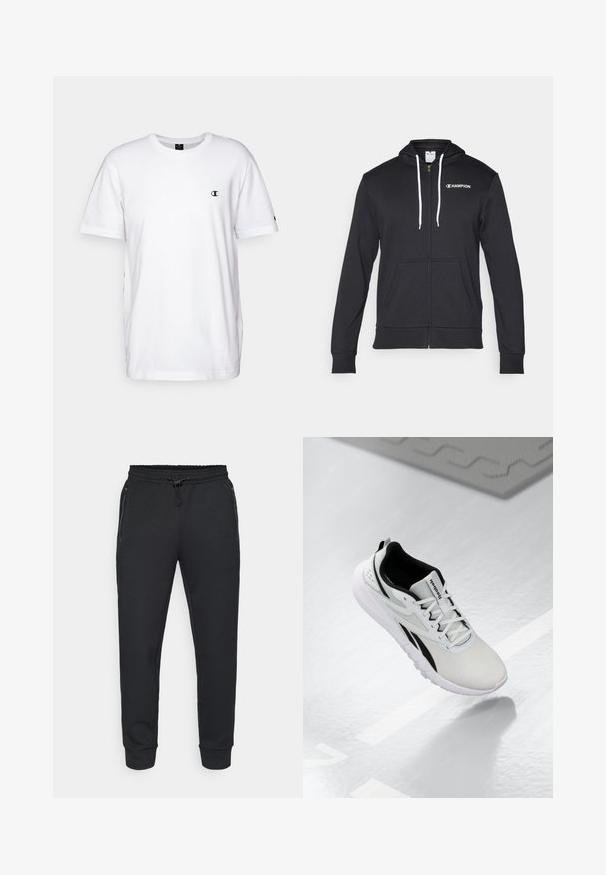 Champion GRAPHIC FULL ZIP HOODIE - Mikina na zip - black; Champion CREWNECK - Jednoduché tričko - white; Černé sportovní tepláky s elastickým pasem na šňůrku, bočními kapsami na zip a žebrovanými manžetami. Vyrobené z měkké, texturované tkaniny.; Světlé šedé sportovní boty s černými akcenty, texturovaným síťovaným svrškem, polstrovanou podrážkou a šněrováním. Obsahuje poutko na patě.