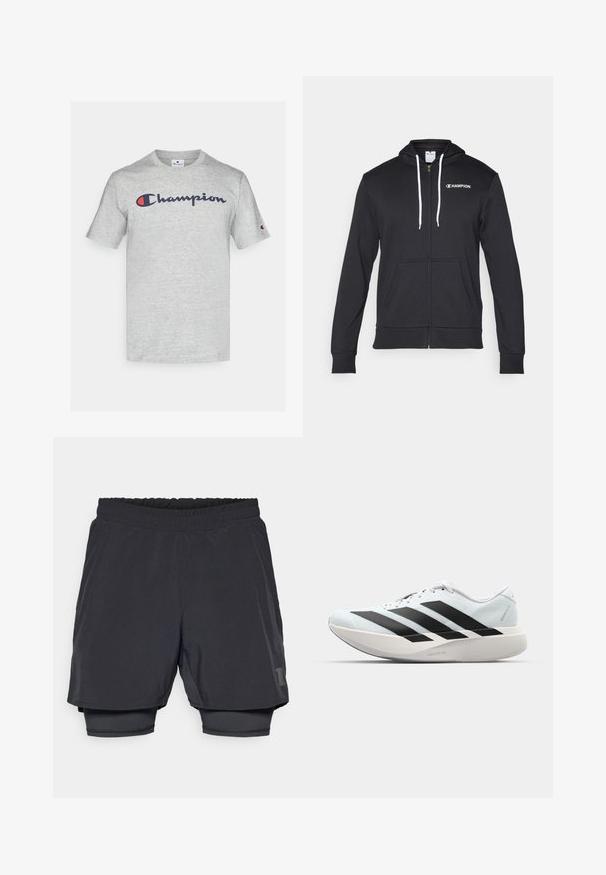 Champion GRAPHIC FULL ZIP HOODIE - Športna jopa s kapuco na zadrgo - black; Svetlo siva bombažna majica z mornarsko modrim logotipom "Champion" čez prsi in majhnim logotipom na rokavu. Klasična zasnova s krožnim ovratnikom.; Črne športne kratke hlače z elastičnim pasom, plastno zasnovo in oprijetim notranjim podlogom. Na spodnji strani je subtilen logotip.; Lahki tekaški čevlji v svetlo modri barvi z belimi črtami. Imajo gladek zgornji del, okroglo kapico in debel bel srednji podplat z označbo "LIGHTSTRIKE PRO."