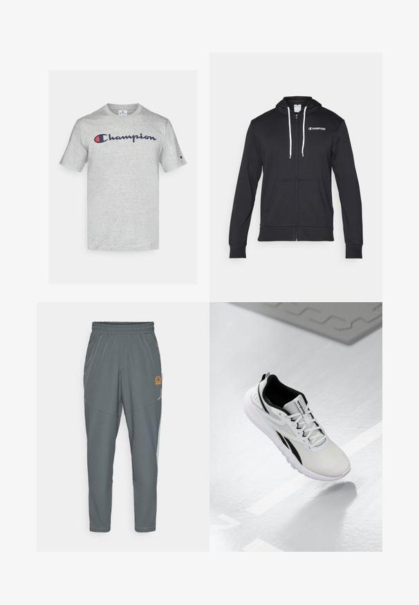 Champion GRAPHIC FULL ZIP HOODIE - Užtrauktuku užsegamas treningas - black; Šviesiai pilka medvilninė marškinėliai su tamsiai mėlynu "Champion" logotipu ant krūtinės ir mažesniu logotipu ant rankovės. Klasikinis apvalios kaklo dizainas.; Pilkos sportinės kelnės su elastine juosmena, siaurėjantis dizainas, atspindinčios detalės ir mažas geltonas logotipas kairėje šlaunyje.; Šviesiai pilki sportiniai batai su juodais akcentais, tekstūruota tinklinė viršutinė dalis, paminkštintas padas ir raišteliais užsegamas užsegimas. Yra kulno traukimo kilpelė.