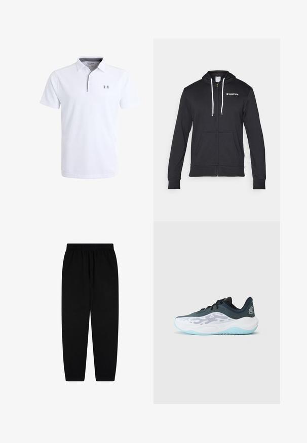 Champion GRAPHIC FULL ZIP HOODIE - Sweater met rits - black; Witte polo met een gestructureerde stof, korte mouwen en een ritssluiting bij de kraag. Bevat een grijs logo op de linkerkant van de borst.; Zwarte sweatpants van zachte stof, met een elastische tailleband en taps toelopende boorden. Minimalistisch ontwerp zonder zichtbare patronen of accenten.; Zwart-witte sportschoen met een bovenwerk van mesh, een getextureerde zool en lichtblauwe accenten. Beschikt over veters en een gevoerde kraag voor ondersteuning.