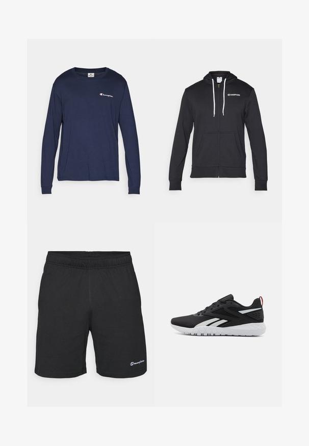 Champion GRAPHIC FULL ZIP HOODIE - Lukuga pusa - black; Pikad varrukad, tumesinine T-särk, mis on valmistatud puuvillast; omaduseks on ümmargune kaelus ja väike valge ja punane logo vasakul rinnal.; Mustad mustetrides, millel on elastne vöökoht, valmistatud pehmest kangast, väikese valge logoga vasakul alumisel küljel.; Mustad mustat spordijalatsid, millel on sissetõmmatav pealis, valged detailid, tekstureeritud talla ja punane kandmisosa lisadetailideks.