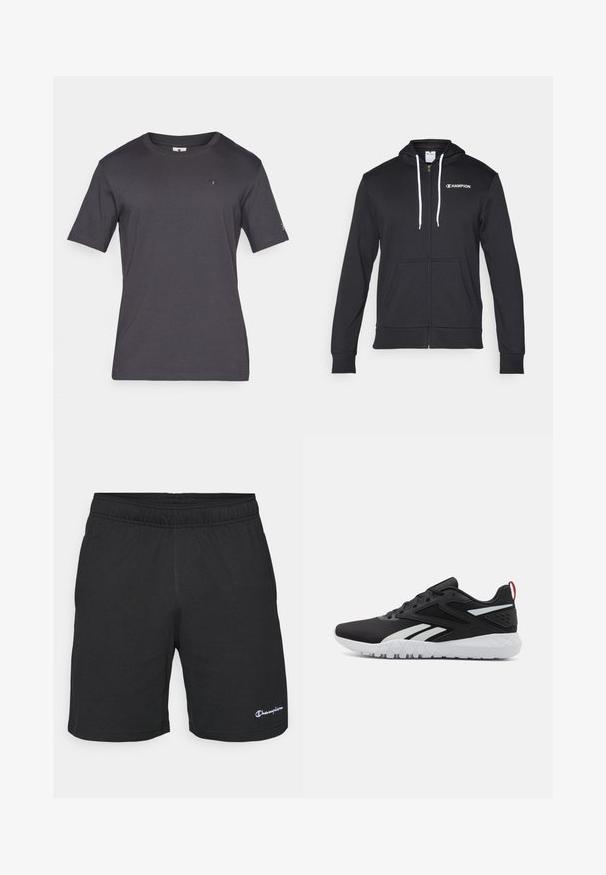 Champion GRAPHIC FULL ZIP HOODIE - Sweatjacke - black; Dunkelgraues, kurzärmliges T-Shirt, runder Ausschnitt, weicher Stoff, mit einem kleinen Logo auf der Brust und einem Akzent-Logo auf dem Ärmel.; Schwarze sportliche Shorts mit einem elastischen Bund, aus weichem Stoff gefertigt, mit einem kleinen weißen Logo auf der linken unteren Seite.; Schwarze Sportschuhe mit einem oberen Teil aus Mesh, weißen Akzenten, einer strukturierten Sohle und einer roten Fersenschlaufe für zusätzliche Details.