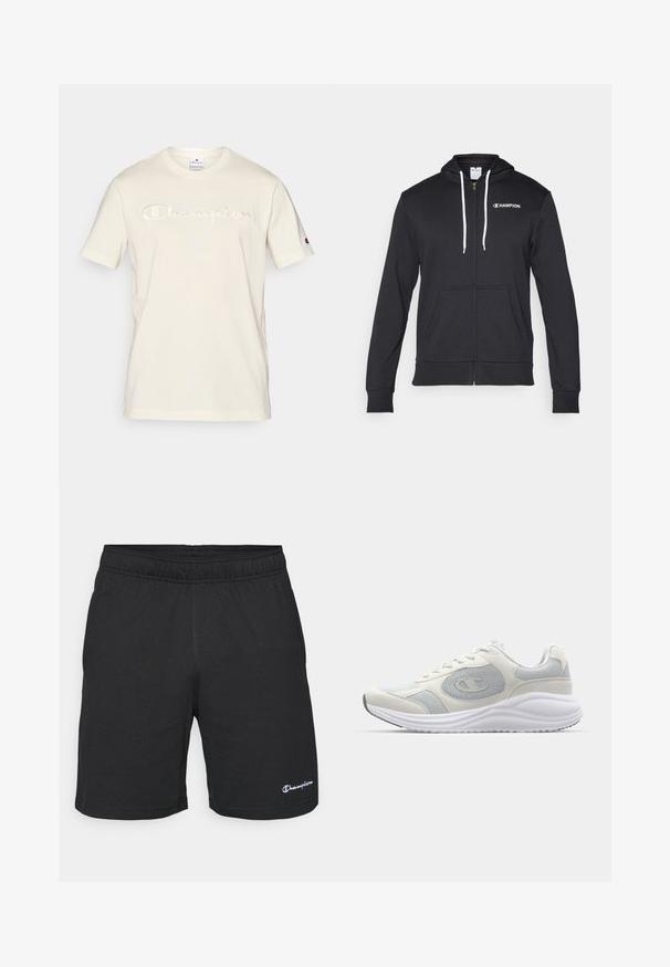 Champion GRAPHIC FULL ZIP HOODIE - Lukuga pusa - black; Kreemikattega puuvillane t-särk lühikeste varrukatega, millel on rinnas veidi tumedamas toonis broderitud "Champion" logo.; Mustad mustetrides, millel on elastne vöökoht, valmistatud pehmest kangast, väikese valge logoga vasakul alumisel küljel.; Valge sportlik jalanõud helehallide aktsentidega, võrgu ja nahk materjalid, ümar nina, tekstuuriga talla ja nähtava brändi logoga küljel.