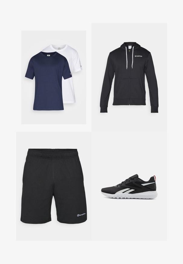 Champion GRAPHIC FULL ZIP HOODIE - Sweatjakke - black; To korte ermer t-skjorter: en marineblå og en hvit, laget av bomull, med rund hals og en liten logo på ermene.; Sorte treningshorts med elastisk linning, laget av myk stoff, med en liten hvit logo nederst til venstre.; Sorte sportsko med mesh-overdel, hvite detaljer, teksturert såle og en rød hæltab for ekstra detaljer.
