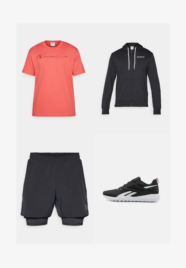 Champion GRAPHIC FULL ZIP HOODIE - Lukuga pusa - black; Korallivärvi puuvillane T-särk lühikeste varrukatega, mille esiküljel on broderitud "Champion" logo ja väiksem logo varrukal.; Mustad mustriga mustikud, millel on elastne vöökoht, kihiline disain ja liibuv sisemine vooder. Omab diskreetset logo alumises osas.; Mustad mustat spordijalatsid, millel on sissetõmmatav pealis, valged detailid, tekstureeritud talla ja punane kandmisosa lisadetailideks.