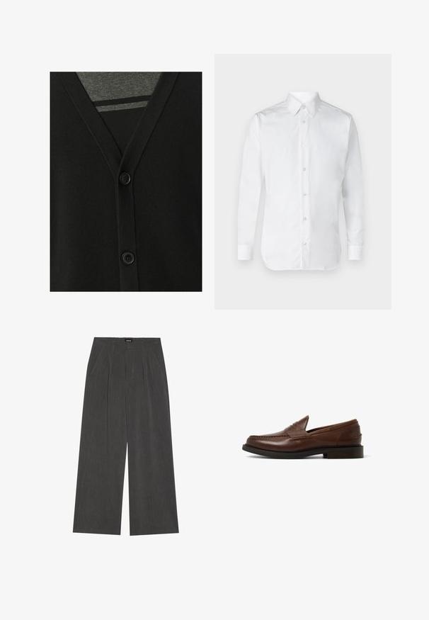 Zwarte cardigan met een v-hals, knoopsluiting en zachte brei-textuur. Gelaagd over een grijze shirt, met een gestreept patroon eronder.; Witte overhemd met lange mouwen van soepel katoen, met een klassieke kraag en een subtiele glans. Vijf knopen aan de voorkant.; Wijde broek in donkergrijs stof, met een geplooide voorkant, twee zijzakken en een vlakke tailleband. Glad oppervlak en gepaste ontwerpelementen.; Bruine leren instappers met een rond teentje, inset stikdetails en een lage gestapelde hak. Glad textuur en minimalistisch ontwerp.