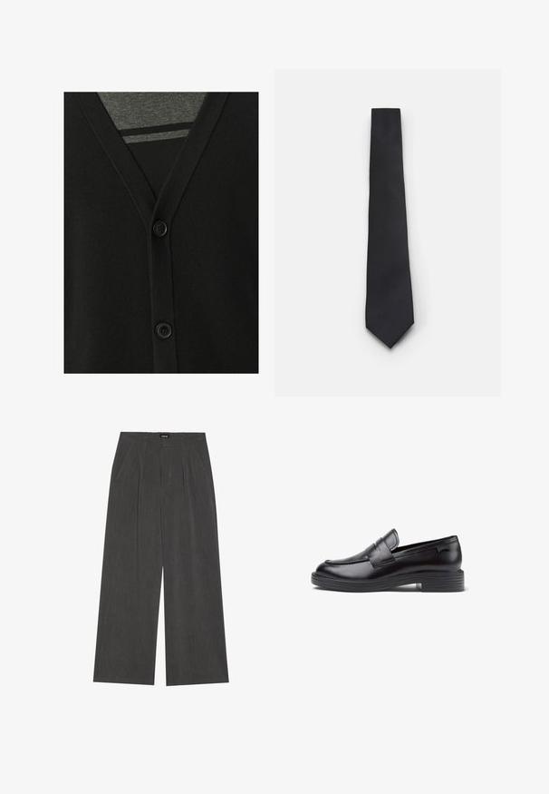 Schwarze Strickjacke mit V-Ausschnitt, Knopfverschluss und weicher Stricktextur. Über einem grauen Hemd getragen, das ein gestreiftes Muster darunter zeigt.; Weißes Hemd mit langen Ärmeln, aus glattem Baumwollstoff, mit einem klassischen Kragen und subtiler Glanz. Fünf Knöpfe vorne.; Weite Hosen aus dunkelgrauem Stoff mit einem gefalteten Vorderteil, zwei Seitentaschen und einem flachen Bund. Angenehme Textur und maßgeschneidertes Design.; Schwarze Lederloafers mit niedrigem geripptem Absatz, abgerundeter Spitze, dekorativen gestickten Akzenten und einem Detail mit vorderem Riemen. Glatte Textur.; Schmale schwarze Krawatte mit einem strukturierten, diagonalen Rippmuster. Verfügt über eine spitze Spitze und eine glatte Oberfläche. Geeignet für formelle Anlässe.
