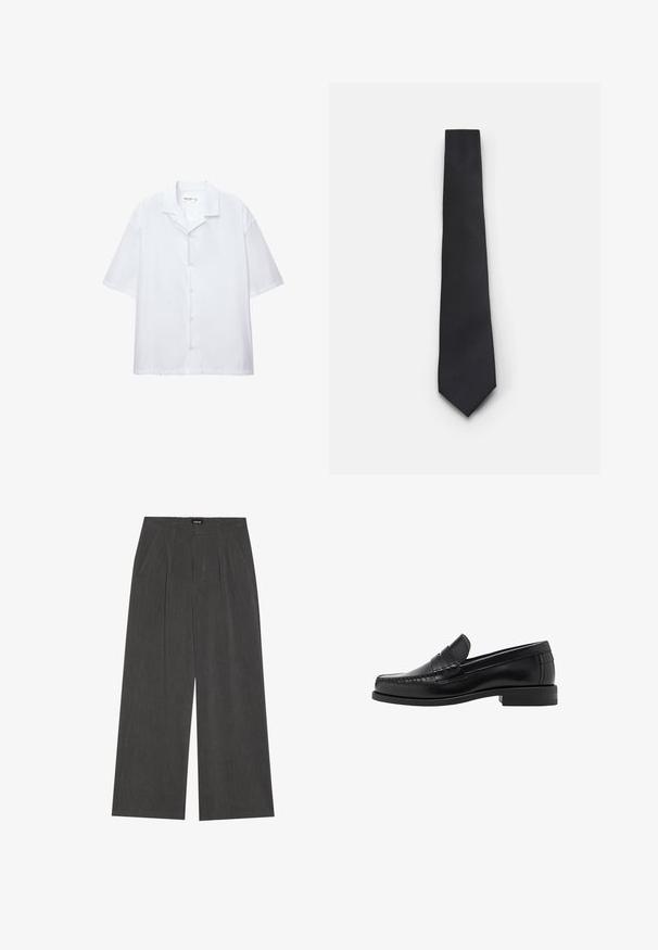 Black cardigan featuring a v-neck, button closure, and soft knit texture. Layered with a grey shirt, showing a striped pattern underneath.; Short-sleeve white button-up shirt made of smooth fabric, featuring a classic collar and a relaxed fit. No visible patterns or accents.; Wide-leg trousers in dark grey fabric, featuring a pleated front, two side pockets, and a flat waistband. Smooth texture and tailored design.; Black leather loafers with a smooth finish, stitched detailing on the toe, and a low heel design for comfort and style.; Narrow black tie with a textured, diagonal ribbed pattern. Features a pointed tip and a smooth finish. Suitable for formal wear.