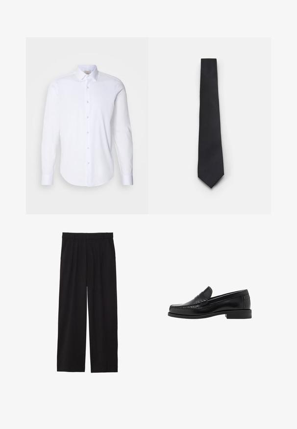 Zwarte cardigan met een v-hals, knoopsluiting en zachte brei-textuur. Gelaagd over een grijze shirt, met een gestreept patroon eronder.; Witte lange mouwen shirt gemaakt van glad katoen. Heeft een puntige kraag, een knoopsluiting aan de voorkant en een ronde zoom. Geen patronen of accenten.; Zwarte wijde broek met geplooide voorkant, zijzakken en een gladde stoftextuur. Ontworpen voor een ontspannen pasvorm.; Zwarte leren instappers met een gladde afwerking, gestikte details op de neus en een lage hakontwerp voor comfort en stijl.; Smalle zwarte stropdas met een gestructureerd, diagonaal ribbelpatroon. Beschikt over een spitse punt en een gladde afwerking. Geschikt voor formele kleding.