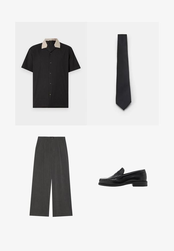 Zwarte cardigan met een v-hals, knoopsluiting en zachte brei-textuur. Gelaagd over een grijze shirt, met een gestreept patroon eronder.; Korte mouwen shirt in zwart met verticale strepen, voorzien van een beige kraag en knopen aan de voorkant. Gemaakt van lichtgewicht stof met een gladde textuur.; Wijde broek in donkergrijs stof, met een geplooide voorkant, twee zijzakken en een vlakke tailleband. Glad oppervlak en gepaste ontwerpelementen.; Zwarte leren instappers met een gladde afwerking, gestikte details op de neus en een lage hakontwerp voor comfort en stijl.; Smalle zwarte stropdas met een gestructureerd, diagonaal ribbelpatroon. Beschikt over een spitse punt en een gladde afwerking. Geschikt voor formele kleding.
