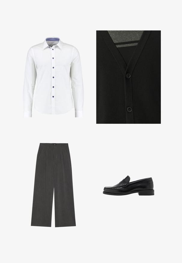 Zwarte cardigan met een v-hals, knoopsluiting en zachte brei-textuur. Gelaagd over een grijze shirt, met een gestreept patroon eronder.; Witte langemouwen shirt met een button-down kraag, voorzien van blauwe accentknopen en een blauw geruit patroon aan de binnenkant van de kraag.; Wijde broek in donkergrijs stof, met een geplooide voorkant, twee zijzakken en een vlakke tailleband. Glad oppervlak en gepaste ontwerpelementen.; Zwarte leren instappers met een gladde afwerking, gestikte details op de neus en een lage hakontwerp voor comfort en stijl.