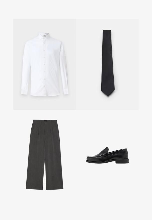 Zwarte cardigan met een v-hals, knoopsluiting en zachte brei-textuur. Gelaagd over een grijze shirt, met een gestreept patroon eronder.; Witte lange mouwen overhemd met knoopsluiting van katoen, met een klassieke kraag, rechte snit en een zachte textuur met bijpassende knopen.; Wijde broek in donkergrijs stof, met een geplooide voorkant, twee zijzakken en een vlakke tailleband. Glad oppervlak en gepaste ontwerpelementen.; Zwarte leren instappers met een gladde afwerking, gestikte details op de neus en een lage hakontwerp voor comfort en stijl.; Smalle zwarte stropdas met een gestructureerd, diagonaal ribbelpatroon. Beschikt over een spitse punt en een gladde afwerking. Geschikt voor formele kleding.