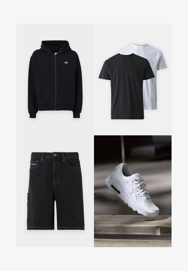 Černá mikina na zip s kapucí, předními kapsami, elastickými manžetami a malým bílým logem na levé hrudi. Vyrobena z měkké tkaniny.; Dvé bavlněné trička zobrazené zpětně k sobě: jedno černé a jedno bílé. Obě mají krátké rukávy a kulaté výstřihy, s hladkou texturou.; Černé denimové šortky s předními kapsami, boční kapsou na cargo a oranžovým prošíváním. Disponují kovovým knoflíkovým zapínáním a značkovou nášivkou.; Bílé tenisky Nike Air Max 90 s vrchním materiálem z textilu a kůže, perforovanou špičkou a viditelnou vzduchovou jednotkou v patě.