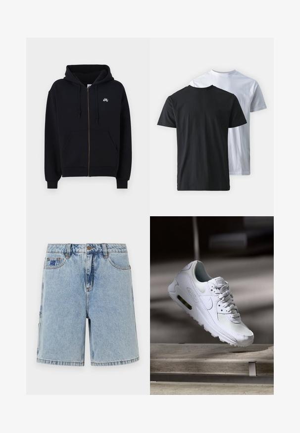 Čierna mikina so zipsom a kapucňou, prednými vreckami, elastickými manžetami a malým bielym logom na ľavom hrudníku. Vyrobená z jemnej látky.; Dve bavlnené tričká zobrazené chrbát k chrbátu: jedno čierne a jedno biele. Obe majú krátke rukávy a okrúhly výstrih, s hladkou textúrou.; Svetlomodré rifľové šortky s voľným strihom, so zapínaním na gombík, prednými vreckami a jemným vyblednutím. Jednoduchý dizajn, žiadne viditeľné vzory.; Biele tenisky Nike Air Max 90 s vrchnou časťou z kože a sieťoviny, perforovanou špičkou a viditeľnou vzduchovou jednotkou v päte.