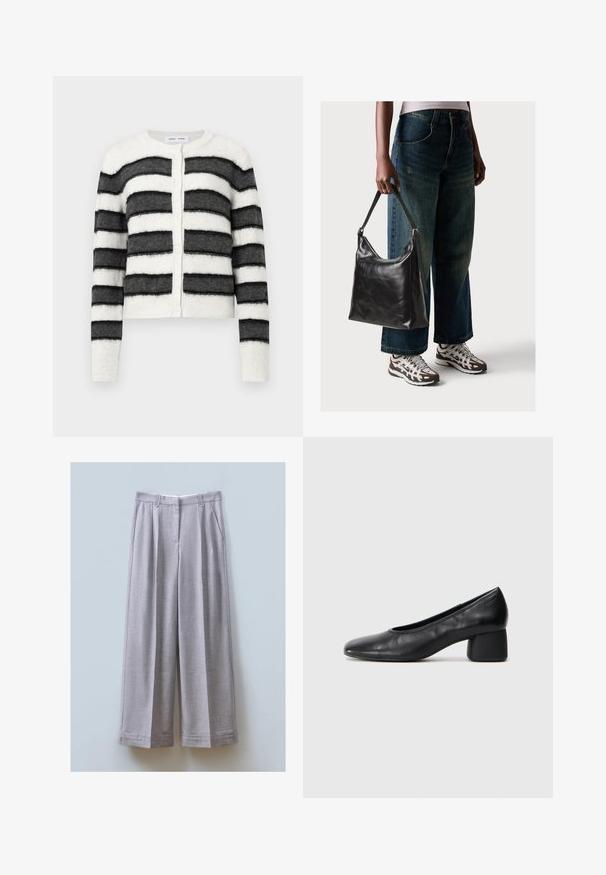 Striped cardigan in soft, textured fabric. Features alternating black and white horizontal stripes, round neckline, and button front.; Black and white T-shirts, round neck, short sleeves. Black shirt features yellow sun embroidery; white has purple crescent moon accent.; Gray wide-leg trousers made of textured fabric with front pleats, two side pockets, and a straight hem.; Black leather pump with a rounded toe and mid-block heel. Smooth texture with minimal detailing, featuring a subtle elastic opening.; Black leather shoulder bag with a smooth texture and adjustable strap, paired with faded wide-leg jeans and athletic sneakers.