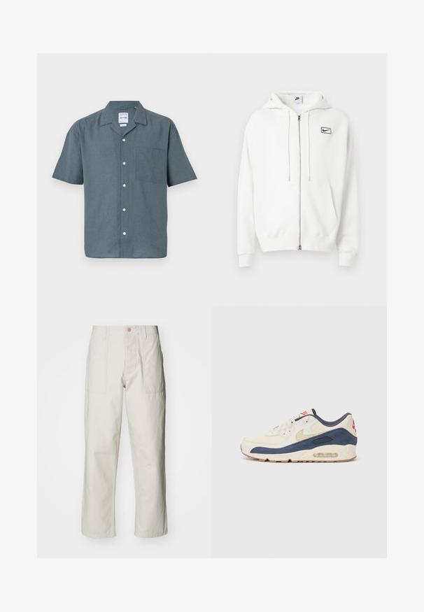 Sudadera blanca con cremallera hecha de una mezcla de algodón, con un bolsillo frontal, capucha con cordón y pequeño logo negro de Nike en el pecho.; Camisa de manga corta en lino gris oscuro con cuello puntiagudo, bolsillo frontal y botones blancos a lo largo de la tapeta. Diseño simple y de corte relajado.; Pantalones de pierna ancha color beige claro, hechos de algodón. Cuentan con bolsillos frontales y cierre de botón. Textura suave con sutiles líneas verticales.; Zapatillas con parte superior de cuero crema y gamuza azul marino, que presentan una suela de aire visible, suela de goma beige y un acento rojo en el talón.