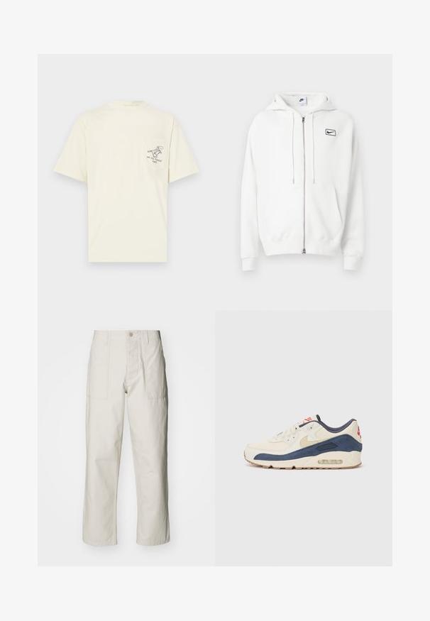 Valge tõmblukuga kapuutsiga sviiter, mis on valmistatud puuvilla segust, esiküljel tasku, reguleeritava kapuutsiga ja rinnal väike must Nike logo.; Kreemi värvi lühikeste varrukatega t-särk, mis on valmistatud puuvillast. T-särgil on vasakul rinna kohal tasku, millel on must graafiline ja tekstiline kujundus.; Heledbeez värvi laiad püksid, mis on valmistatud puuvillast. Omavad esi-taskuid ja nupuga sulgemist. Sile tekstuur, millel on õrnad vertikaalsed jooned.; Kreem nahk ja tumesinise nubukiga ülaosa, millel on nähtav õhksool, beež kummist välistald ja punane aktsent kanna peal.