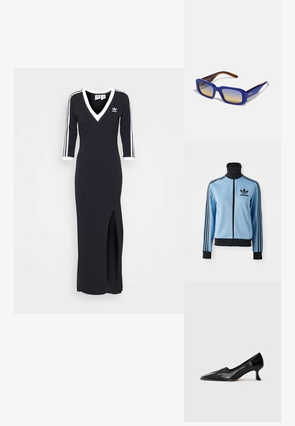 Světle modrá sportovní bunda Adidas se černým límcem, manžetami, spodním lemem, třemi černými pruhy na rukávech a logem Adidas na levé straně hrudi.; Černé šaty s dlouhým rukávem a výstřihem do V, bílé pruhy podél rukávů a boční rozparek. Vyrobené z měkké látky, s malým logem na hrudi.; Černá kožená středně vysoká bota s čtveratou špičkou a mírně nařaseným detailem podél horního okraje, zobrazená v bočním profilu na bílém pozadí.; Modré obdélníkové sluneční brýle s gradientními skly od světlých po tmavé. Rám má oranžový akcent na tmavě hnědých stranicích.