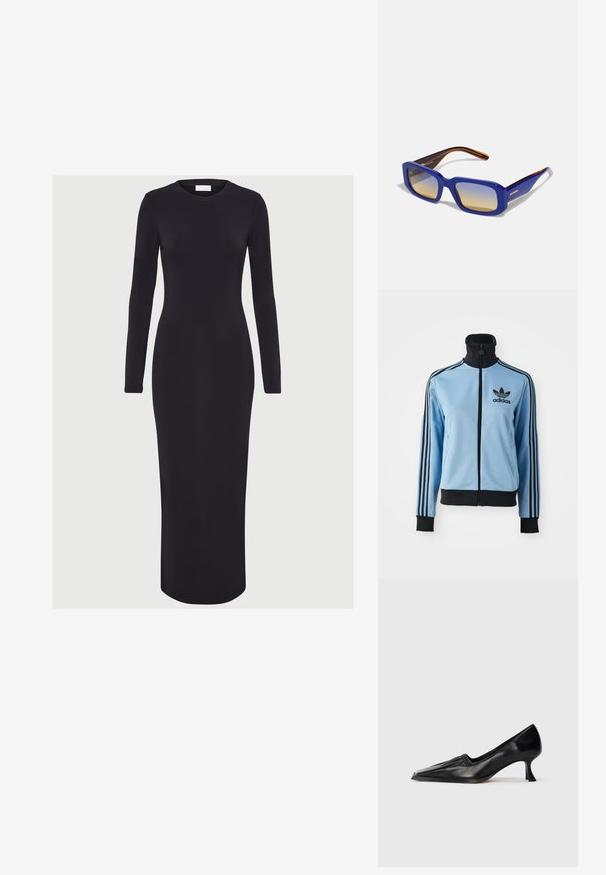 Hele sinine Adidas'i spordijakk musta krae, mansettide ja alumise servaga, kolm musta triipu varrukatel ning Adidas'i logo vasakul rinnal.; Pikad varrukad, keha külge liibuv must kleit venivatest kangast, ümarate kaelustega ja sirge siluetiga, ulatudes poolsääreni.; Mustast nahast keskmise kontsaga king, millel on ruudukujuline varvas ja kerge volang ülemise ääre ümber, kujutatud külgprofilina valgel taustal.; Sinised ristkülikukujulised päikeseprillid, millel on kerge kuni tumeda gradientiga objektiivid. Raami külgedel on tumeda pruuniga kontrastne oranž accenter.