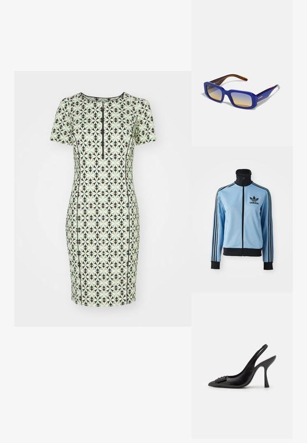 Helles blaues Adidas-Trainingsjacke mit schwarzem Kragen, Bündchen und Saum, drei schwarzen Streifen auf den Ärmeln und dem Adidas-Logo auf der linken Brust.; Kurzes, enganliegendes Kleid mit einem geometrischen Muster in Grün und Schwarz, zentralem Reißverschluss und kontrastierenden Nähten entlang der Säume.; Schwarzer Leder-Slingback-Schuh mit spitzem Zehenbereich, schlankem High Heel und dekorativem Schleifenakzent. Glatte Textur und elegantes Design.; Blaue rechteckige Sonnenbrillen mit einem Farbverlauf der Gläser von hell nach dunkel. Das Gestell hat einen orangefarbenen Akzent an den dunkelbraunen Bügeln.