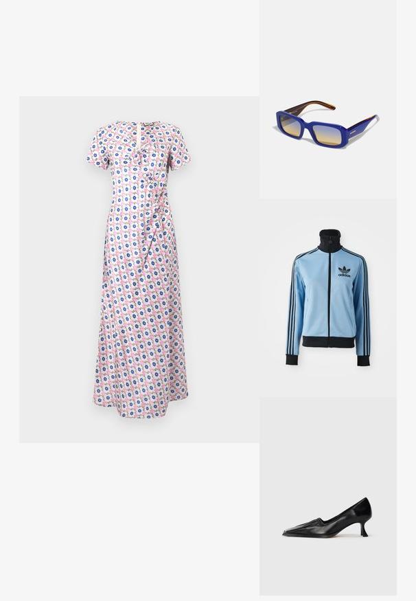 Veste de survêtement Adidas bleu clair avec col, poignets et ourlet noirs, trois bandes noires sur les manches et logo Adidas sur la poitrine gauche.; Robe maxi fleurie à manches courtes, avec un motif rose, bleu et blanc, une taille cintrée et une touche de volants sur le devant.; Chaussure en cuir noir à talon moyen avec un bout carré et un léger détail froncé le long du bord supérieur, présentée en profil latéral sur fond blanc.; Lunettes de soleil rectangulaires bleues avec des verres dégradés allant du clair au foncé. La monture présente un accent orange sur les branches marron foncé.