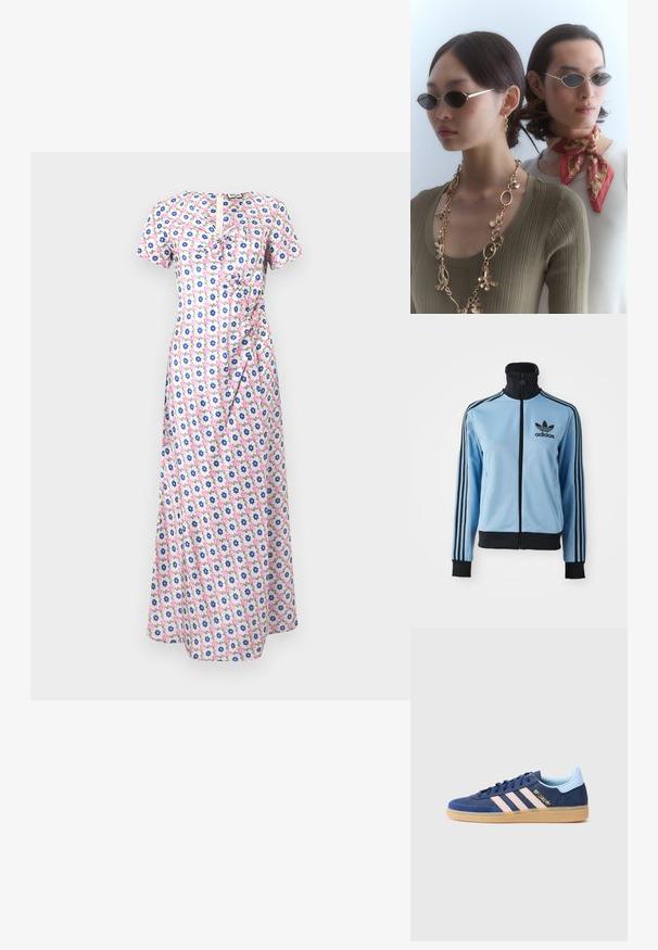 Veste de survêtement Adidas bleu clair avec col, poignets et ourlet noirs, trois bandes noires sur les manches et logo Adidas sur la poitrine gauche.; Robe maxi fleurie à manches courtes, avec un motif rose, bleu et blanc, une taille cintrée et une touche de volants sur le devant.; Baskets en cuir suédé bleu avec trois rayures roses, semelle en caoutchouc et branding discret. Présente un onglet au talon bleu clair contrastant et une boîte de orteil texturée.; Des lunettes de soleil rondes avec des verres foncés et des montures argentées fines. Une personne porte un collier en chaîne doré, tandis qu'une autre a un foulard à motifs rouges.