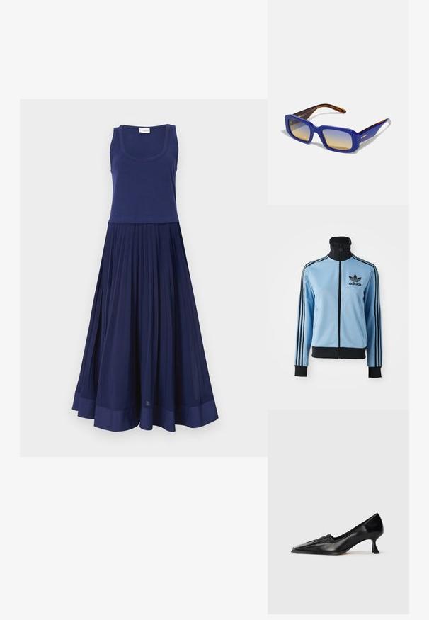 Hele sinine Adidas'i spordijakk musta krae, mansettide ja alumise servaga, kolm musta triipu varrukatel ning Adidas'i logo vasakul rinnal.; Tumedat sinise värviga kleit, millel on ümber kangast tank-top ja volditud seelik. Valmistatud pehmest kangast, millel on sile tekstuur. Hemline'il on ühtlane tumeda sinise riba.; Mustast nahast keskmise kontsaga king, millel on ruudukujuline varvas ja kerge volang ülemise ääre ümber, kujutatud külgprofilina valgel taustal.; Sinised ristkülikukujulised päikeseprillid, millel on kerge kuni tumeda gradientiga objektiivid. Raami külgedel on tumeda pruuniga kontrastne oranž accenter.