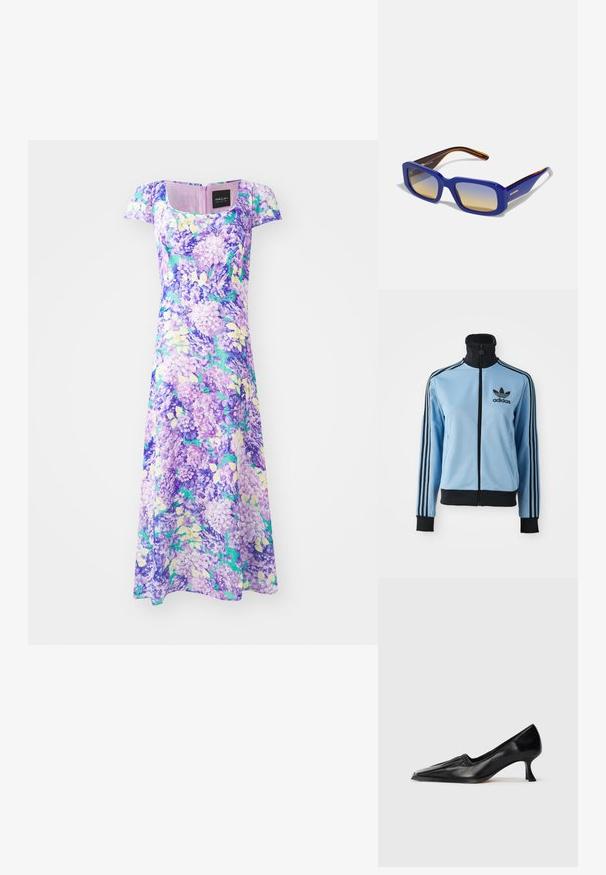 Veste de survêtement Adidas bleu clair avec col, poignets et ourlet noirs, trois bandes noires sur les manches et logo Adidas sur la poitrine gauche.; Robe fleurie violette à manches courtes et décolleté carrée. Fabriquée en tissu léger, elle présente des grappes de motifs lilas et verts.; Chaussure en cuir noir à talon moyen avec un bout carré et un léger détail froncé le long du bord supérieur, présentée en profil latéral sur fond blanc.; Lunettes de soleil rectangulaires bleues avec des verres dégradés allant du clair au foncé. La monture présente un accent orange sur les branches marron foncé.