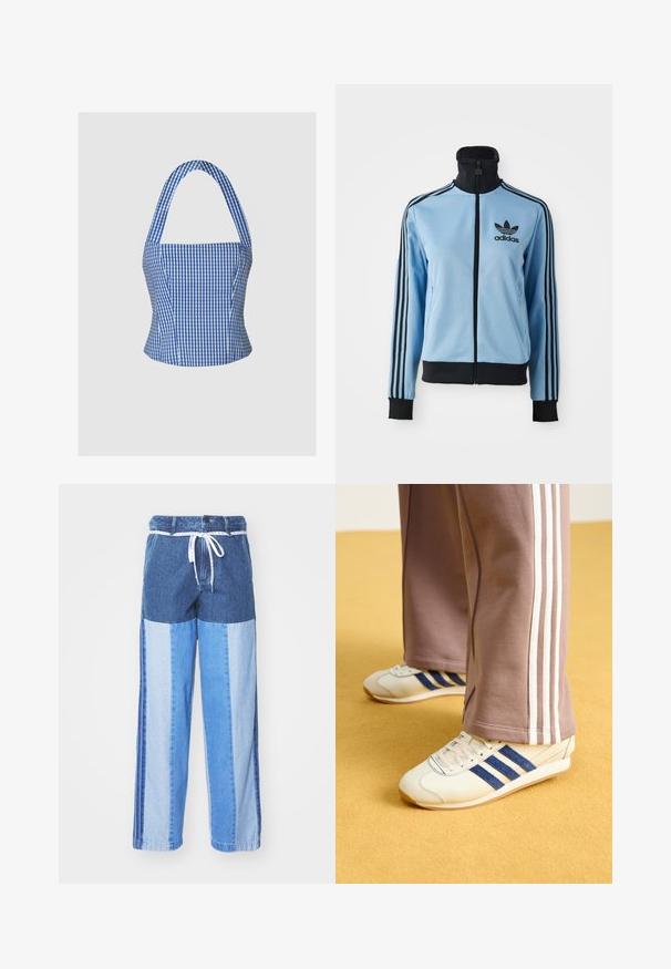 Šviesiai mėlyna Adidas sportinė striukė su juodu kaklu, rankogaliais, apatine dalimi, trimis juodomis juostelėmis ant rankovių ir Adidas logotipu kairėje krūtinės pusėje.; Mėlyna ir balta gingham stiliaus trumpa palaidinė su struktūruotu liemeniu, halter kaklu ir plačiomis petnešomis, pasižyminti lygiu audinio tekstūru ir prigludusia siluetu.; Mėlyni džinsiniai aptiniai su įvairių atspalvių mėlyno audinio intarpais, su tamprių juosmeniu ir laisvais, tiesiais kirpimais.; Kreminės sportinės bateliai su mėlynos nubuko juostelėmis, baltos raišteliais ir guminėmis padangomis. Sukomplektuota su pilkomis sportinėmis kelnėmis, turinčiomis baltas šonines juosteles.